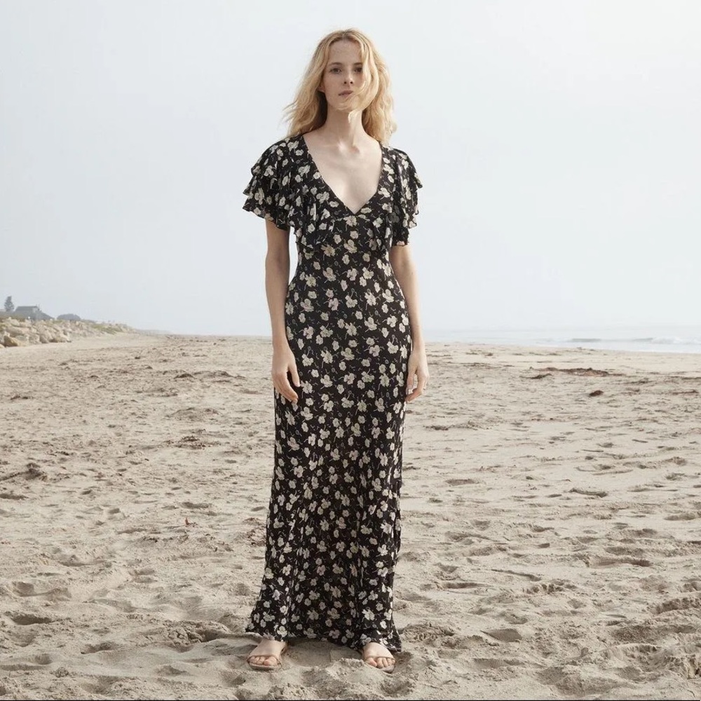 DÔEN Doen Iris Maxi dress in Black Anemone floral print Small NWT